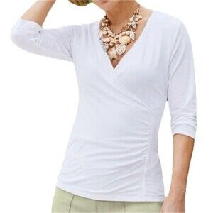 Soft Surroundings Womens Top 3X White Alyssa Knit Faux Wrap Ruched Surplice Soft